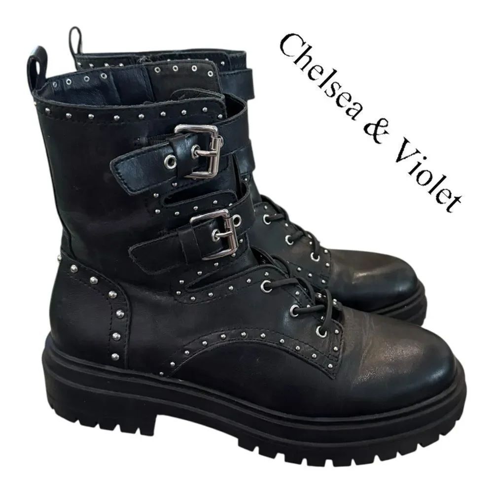 Chelsea & Violet Rhea Black Leather Studded Zipper Women's Combat Boots 8